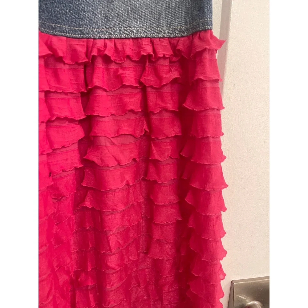 Vintage Y2K Denim‎ Embroidered Fairycore Skirt Ruffle Hot Pink